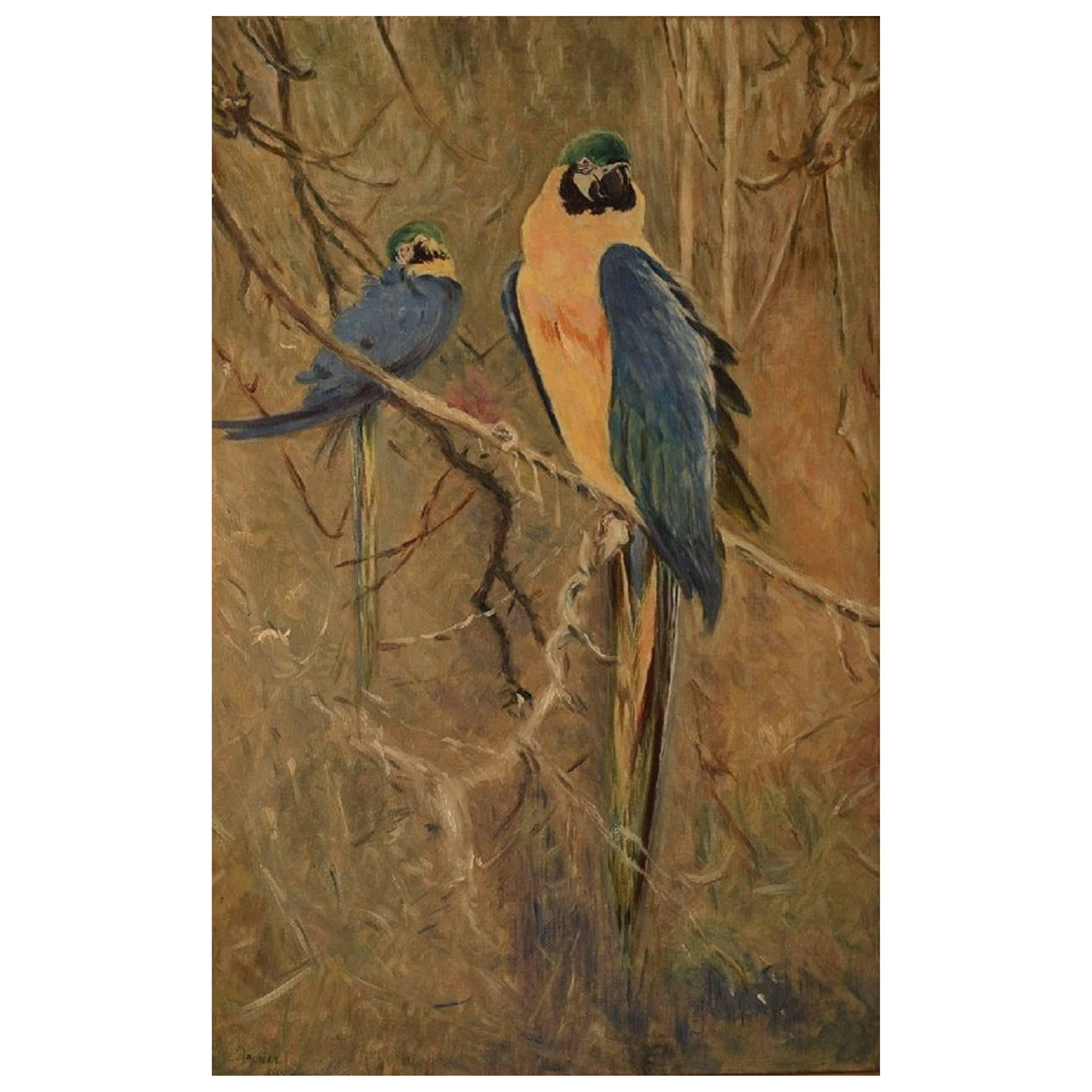 Unknown French Artist, Parrots, 1929, Oil on Canvas
