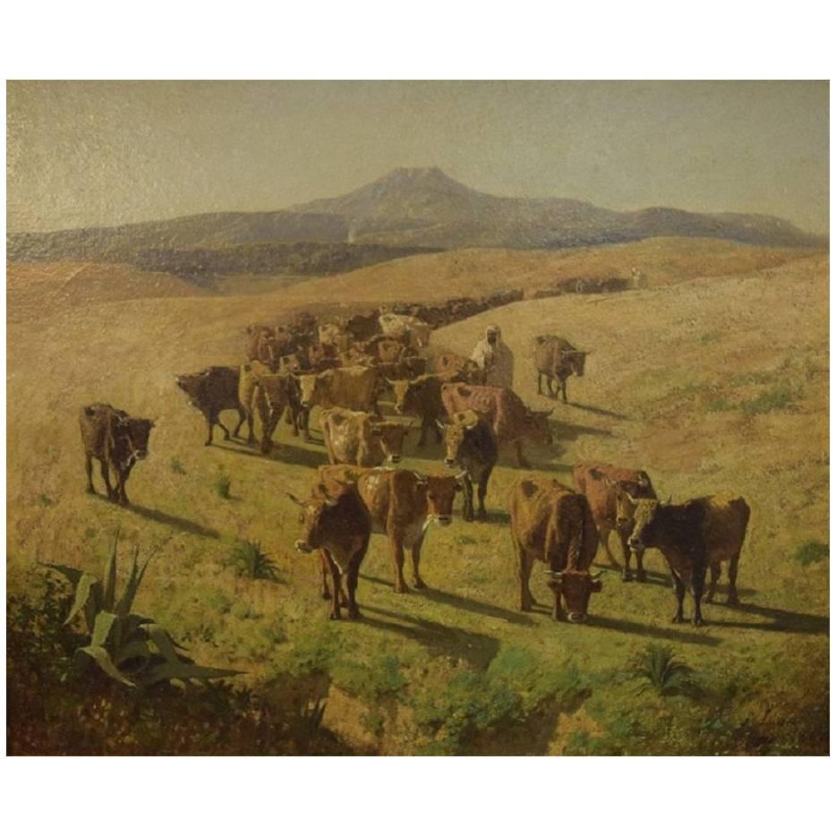 François Lauret, French Artist, Oil on Wood, 'Algerian Herdsmen' For Sale