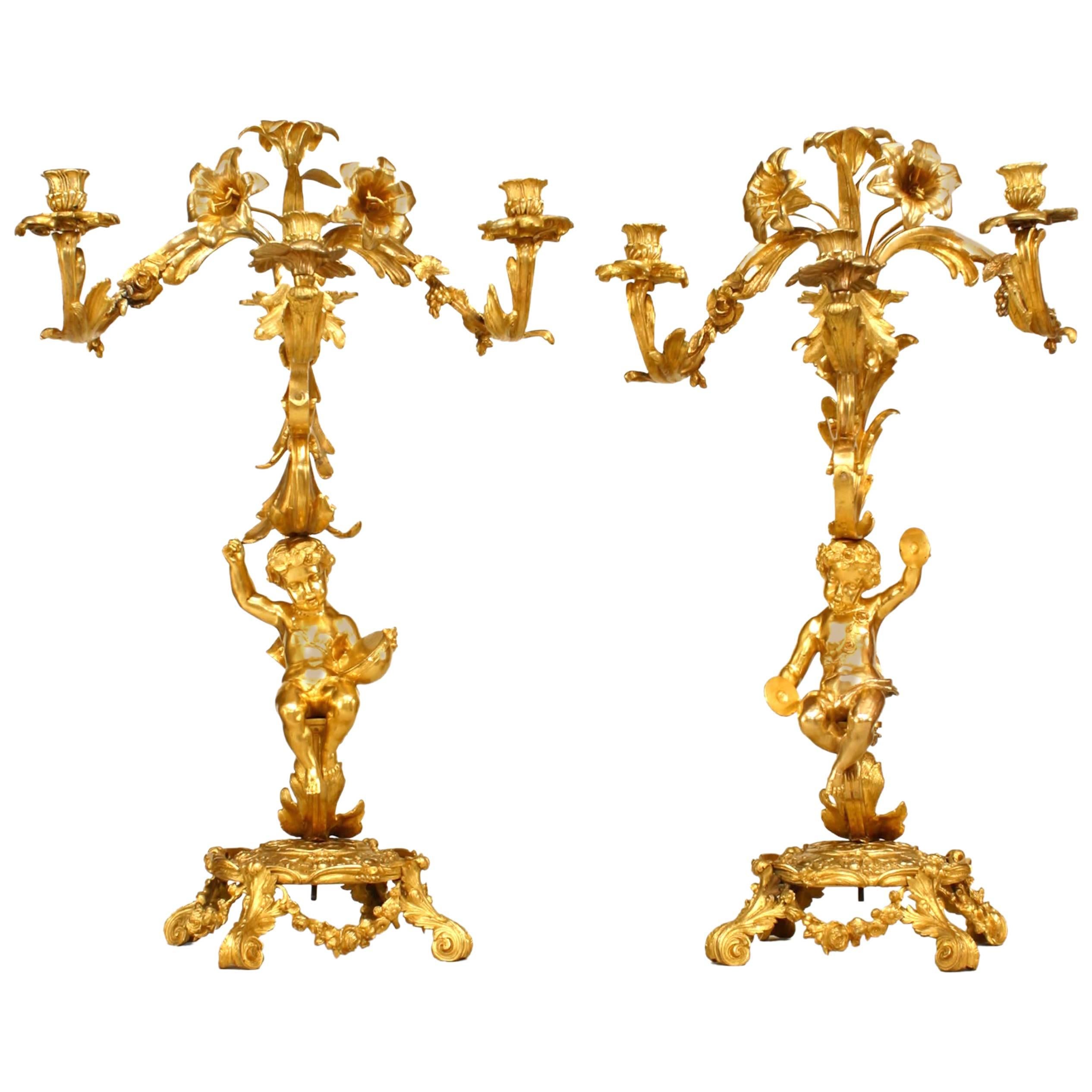 Pair of French Louis XV Bronze Dore Candelabras