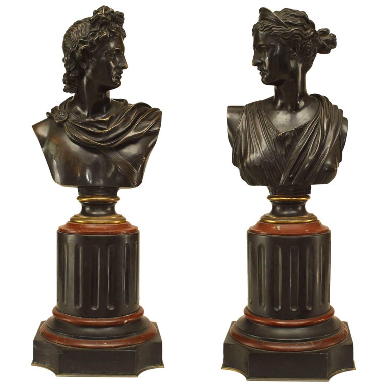 Pair of French Victorian Bronze Busts of Apollo and Diana For Sale at