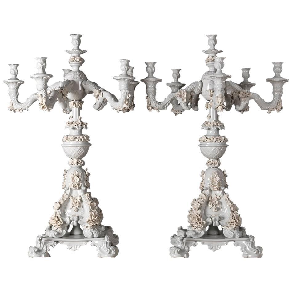 Handcrafted White Porcelain Neoclassical Italian Candlesticks, 1950s