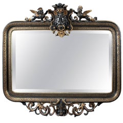 Antique Baroque Figural Sphinx Carved, Ebonized and Gilt over Mantel Mirror