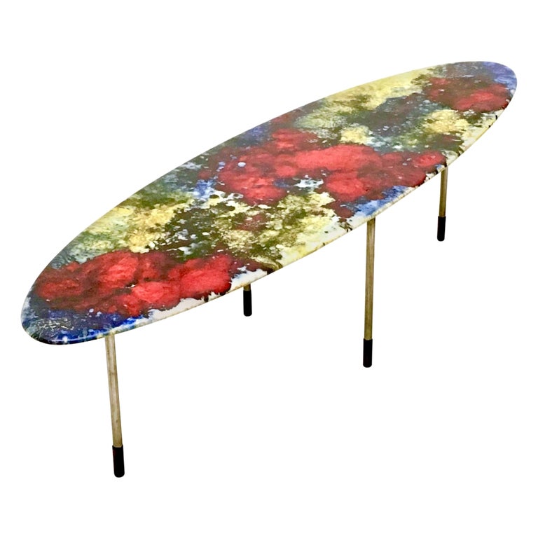 Oval Midcentury Multicolored Lacquered Ceramic Coffee Table by Stil Keramos For Sale