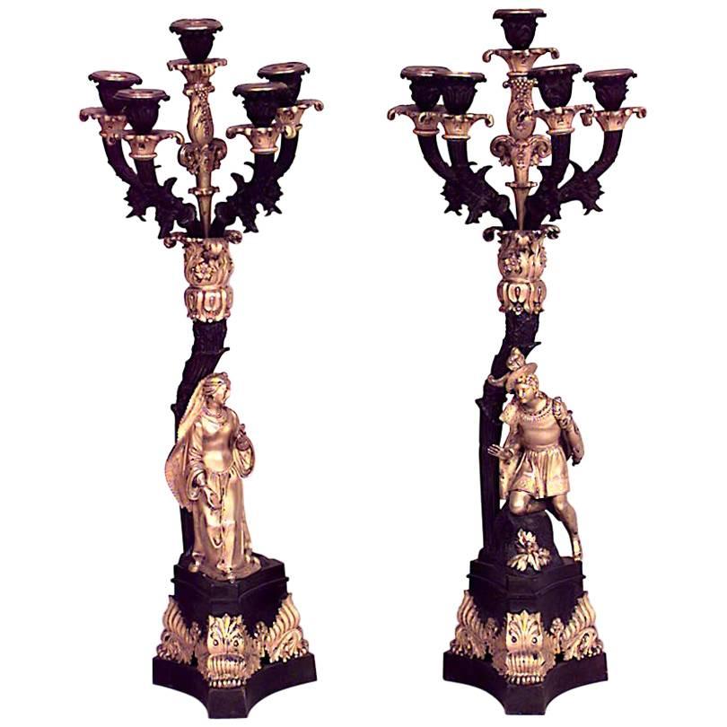 Pair of French Victorian Bronze Dore Figural Candelabras For Sale