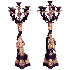 Antique Pair of French Victorian Bronze Dore Figural Candelabras