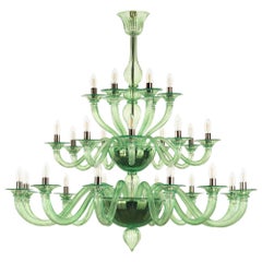 Italian Chandelier Art Glass Murano, Contemporary 27 Lights, Clear Green