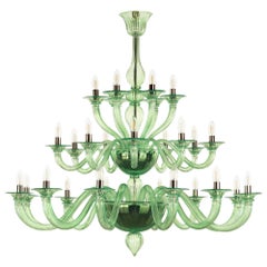 Italian Chandelier Art Glass Murano, Contemporary 27 Lights, Clear Green