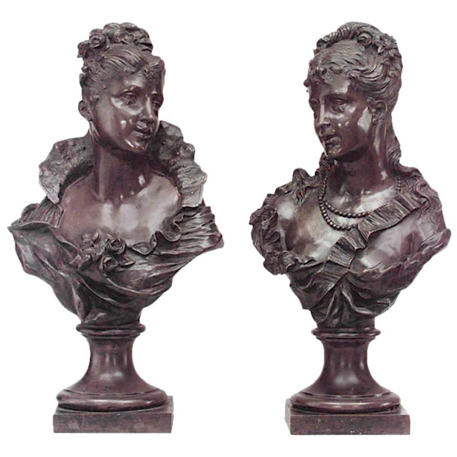 Pair of French Victorian Bronze Lady Busts For Sale
