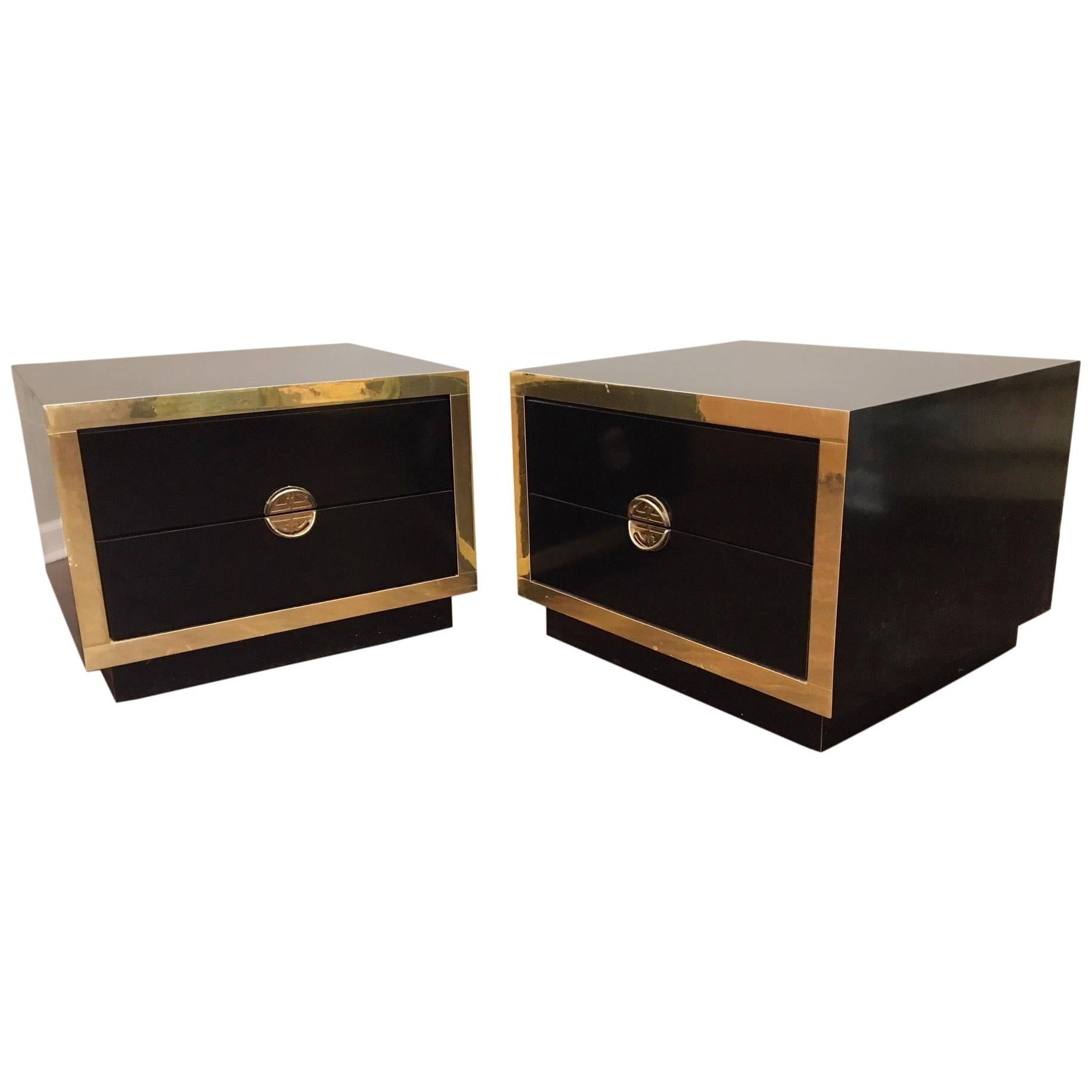 Hollywood Regency Black Lacquer and Brass Asian Nightstands