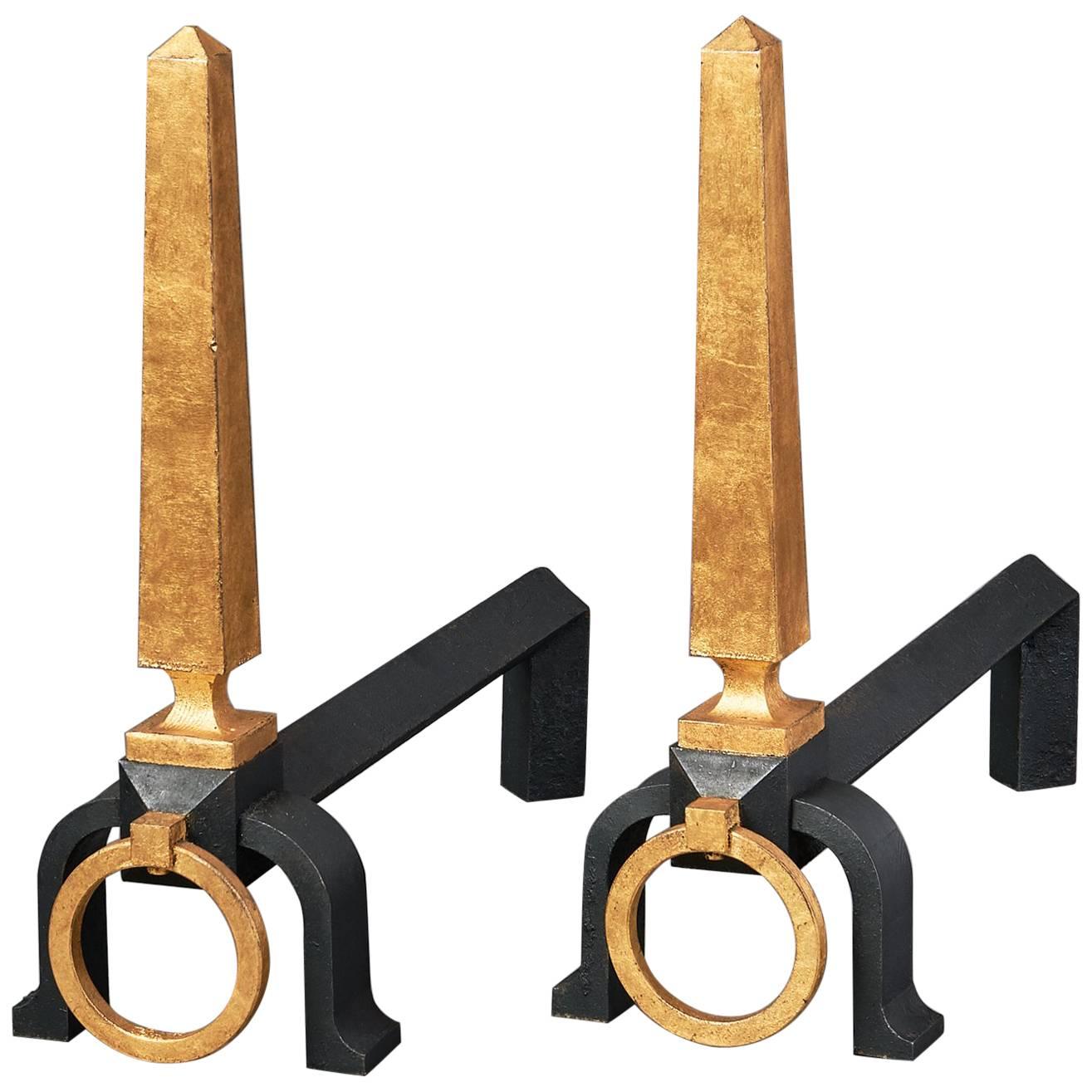 Pair of Partial Gilt Wrought Iron Andirons Attributed to Poillerat, 1950s