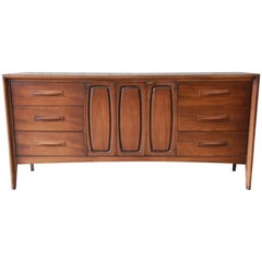 Broyhill Emphasis Mid-Century Modern Sculpted Walnut Credenza or Triple Dresser