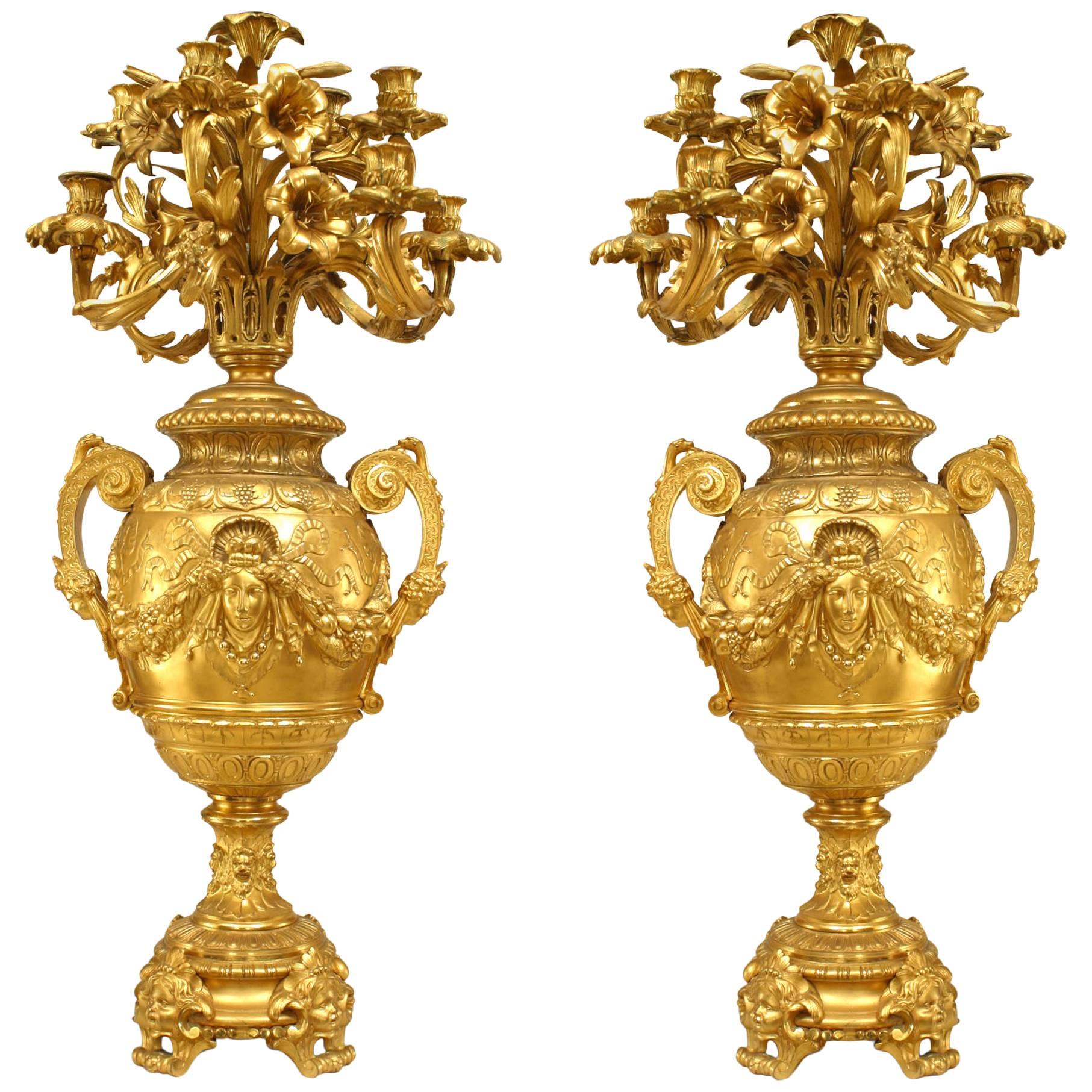 Pair of French Victorian Bronze Dore Urn-Shaped Candelabras