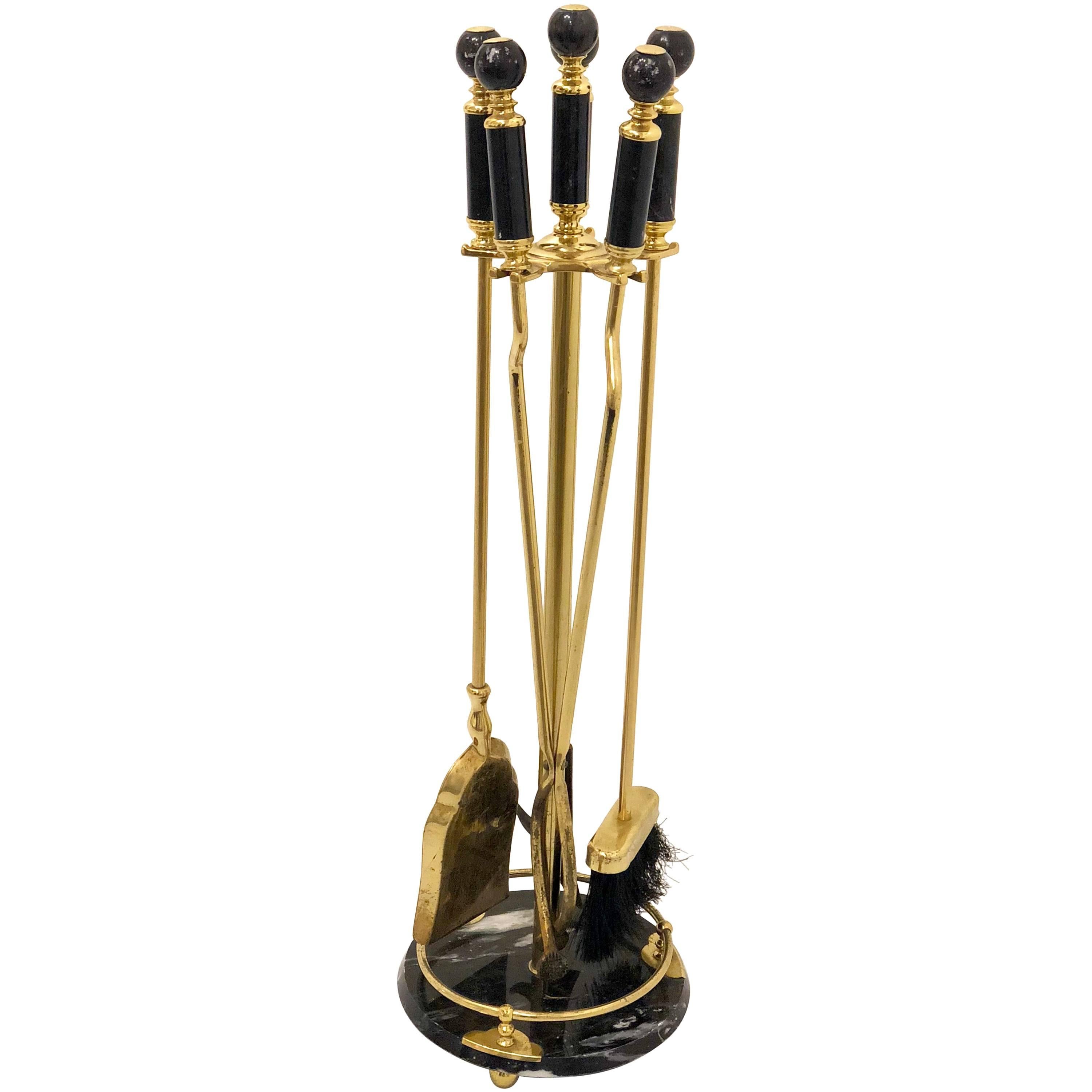 Hollywood Regency Black Marble and Brass Fireplace Tool Set