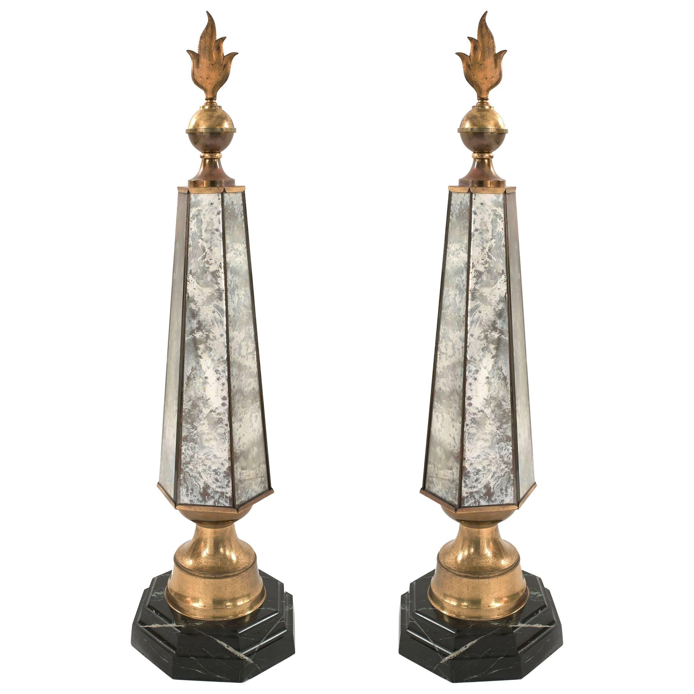 Pair of French 1940s Smoked Mirror Hexagonal Obelisks