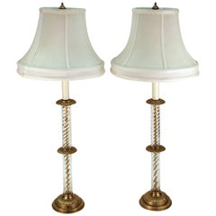 Frederick Cooper Column Lamps in Crystal and Brass with Shades