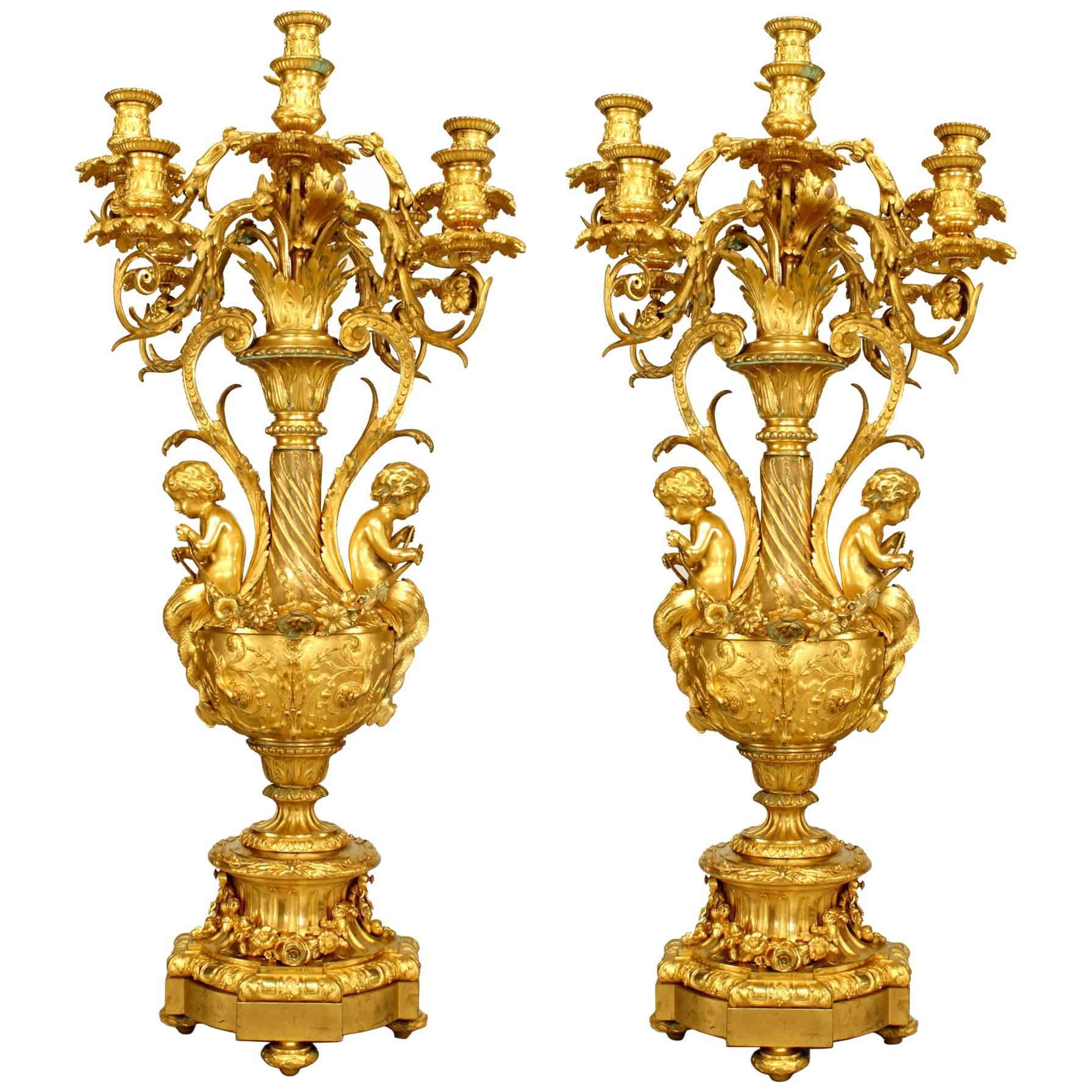 Pair of French Louis XV Bronze Dore Urn Candelabras
