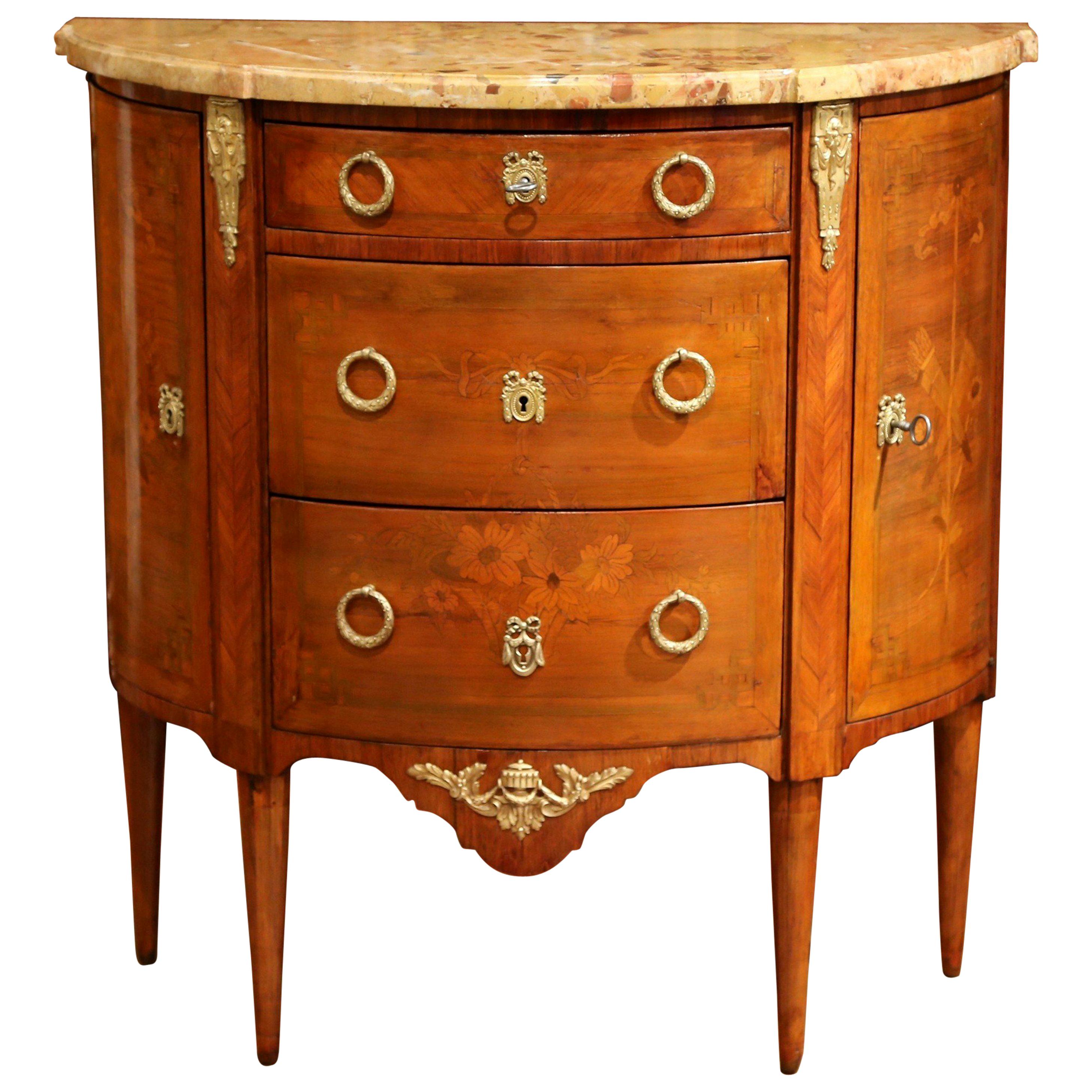 19th Century French Louis XVI Bombe Demilune Marquetry Commode with Marble Top