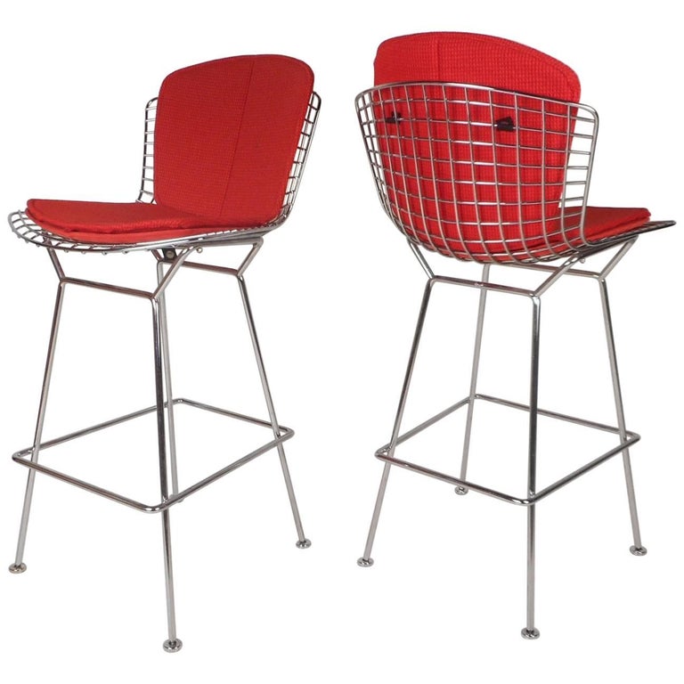 Pair of Vintage Warren Platner Style WireFrame Chrome Bar Stools at
