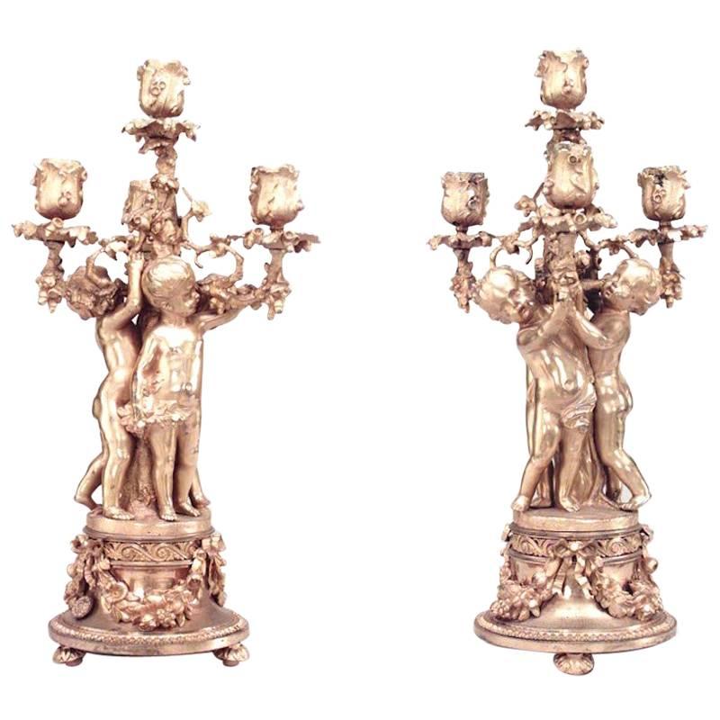 Pair of French Louis XV Style Bronze Dore Candelabras