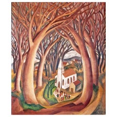 « Gothique américain », peinture d'une scène américaine atmosphérique d'une église du Vermont, 1950