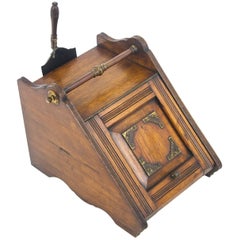 Coal Scuttle, Coal Hod, Fireplace Decor, Carved Oak with Shovel, 1870, B1085