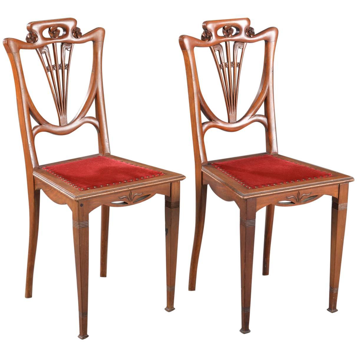 French Art Nouveau Carved Walnut Side Chairs For Sale