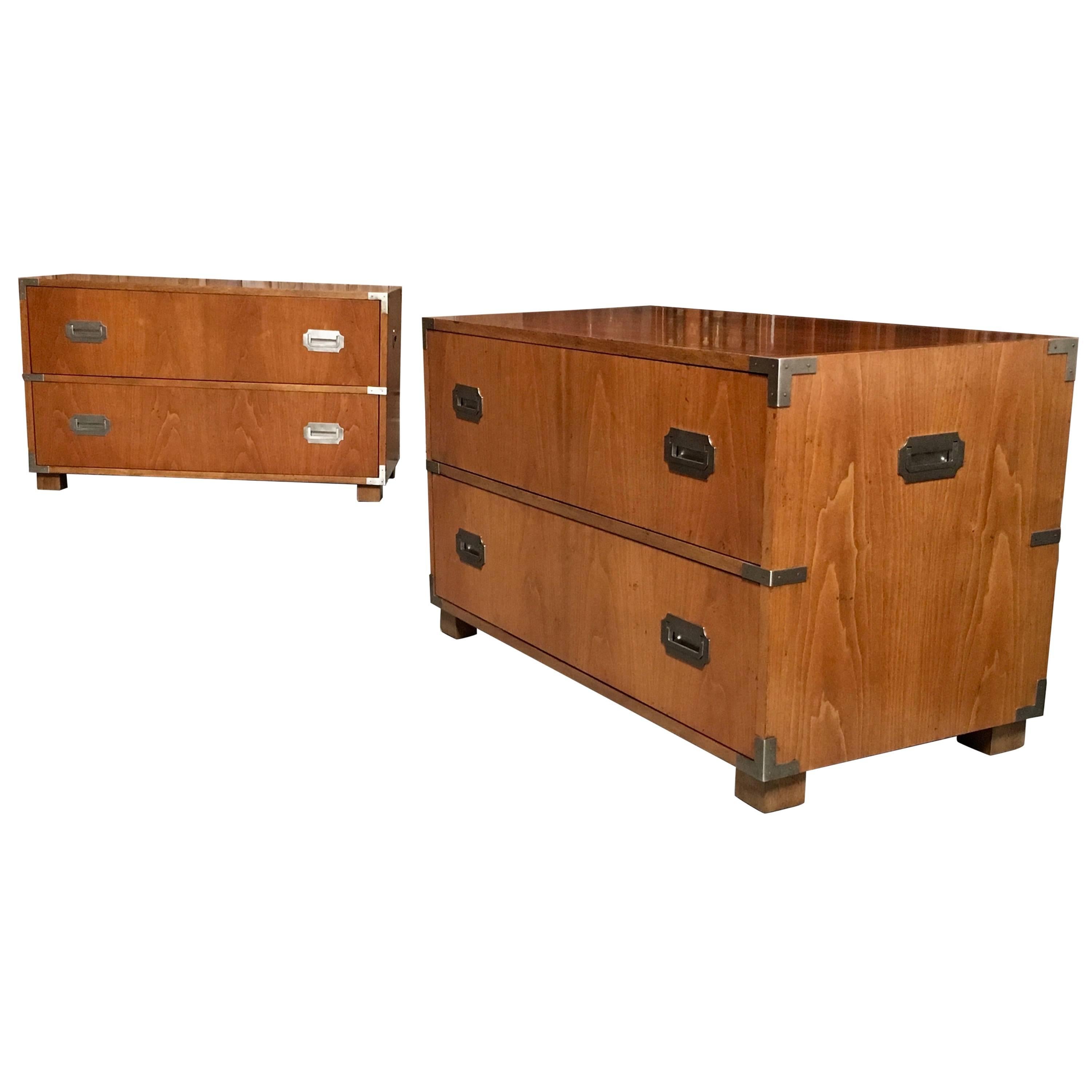 Pair of Baker Campaign Style Two-Drawer Dresser Cabinets