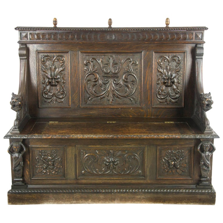 Antique Hall Bench, Entryway Furniture, Carved Oak Settle, Scotland Antique Hall Bench, Entryway Furniture, Carved Oak Settle, Scotland 1880, B1003 For - Antique Hall Bench, Entryway Furniture, Carved Oak Settle, Scotland