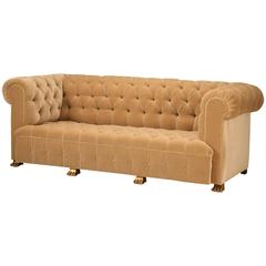 Custom French Mid-Century Tufted Back Sofa with Gold-Plated Feet