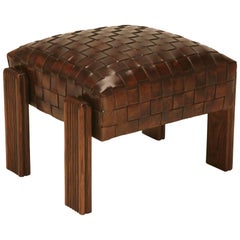 Chic and Unique Vintage French Handwoven Leather Ottoman