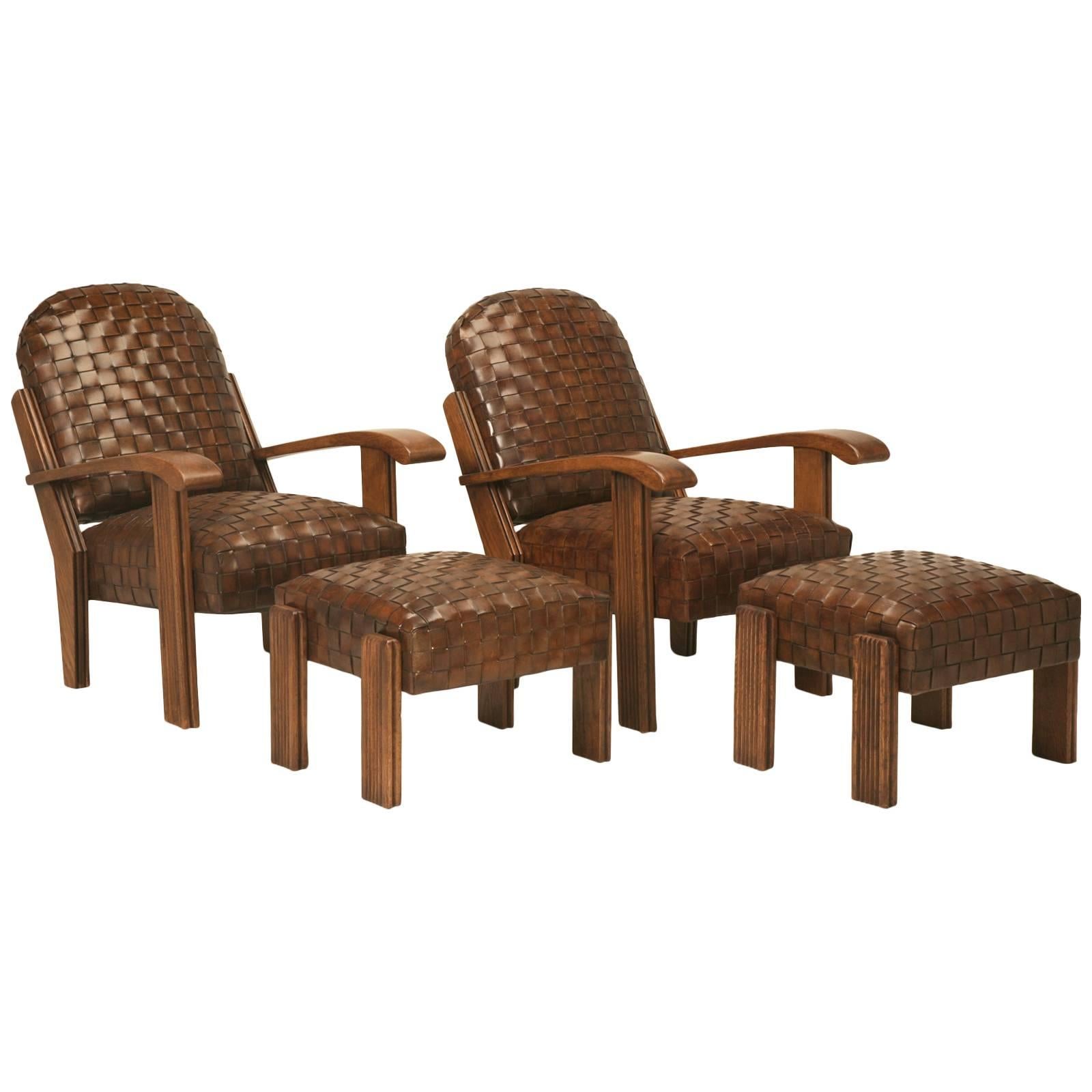  French Woven Leather Club Chairs with Matching Ottomans Available in any Color For Sale
