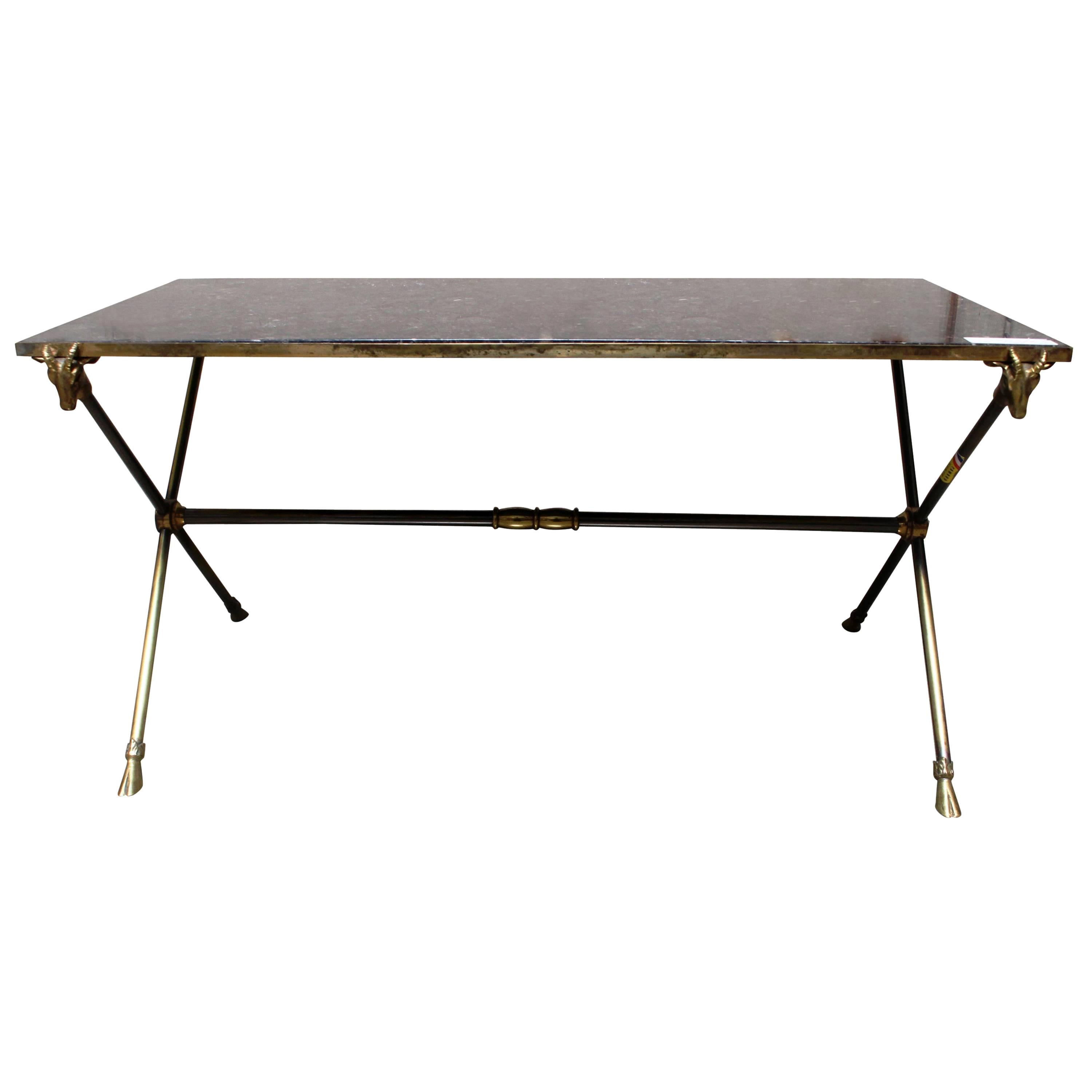 French Bronze Coffee Table with Grey Stone Top and Rams Heads