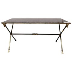 French Bronze Coffee Table with Grey Stone Top and Rams Heads