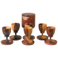 Set of Six Lignum Vitae Goblets and Six Coasters with Storage Box, circa 1960