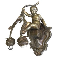 Antique Bronze Boy Sculpture Wall Sconce Holding Up Roses or Wall Light Fixture