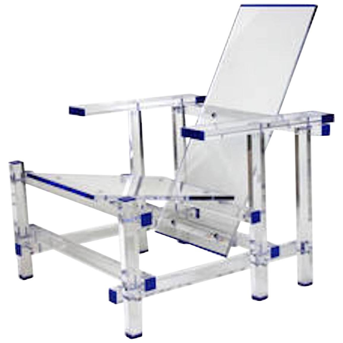 Modern Minimalist Clear and Blue Lucite Lounge Chair-A Geometric Composition For Sale