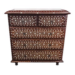 Bone-Inlaid Teak Chest of Drawers with Marble Top from India