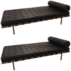 Pair of Signed Knoll Barcelona Black Leather Daybeds Ludwig Mies van der Rohe