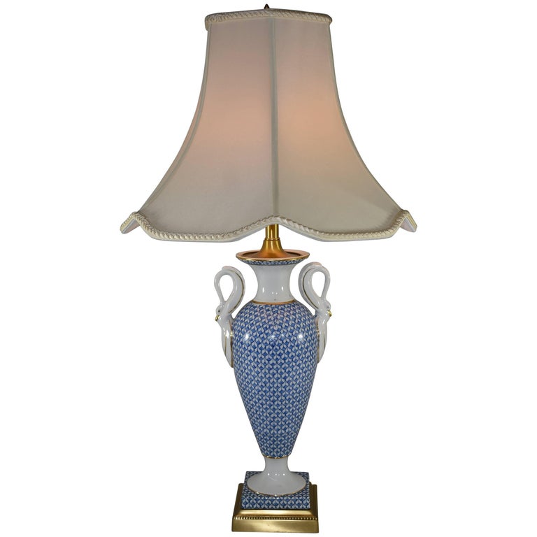 Porcelain Blue And White Fish Scale Table Lamp With Swan Detail Porcelain Blue White Fish Scale Table Lamp With Swan Detail Frederick Cooper For