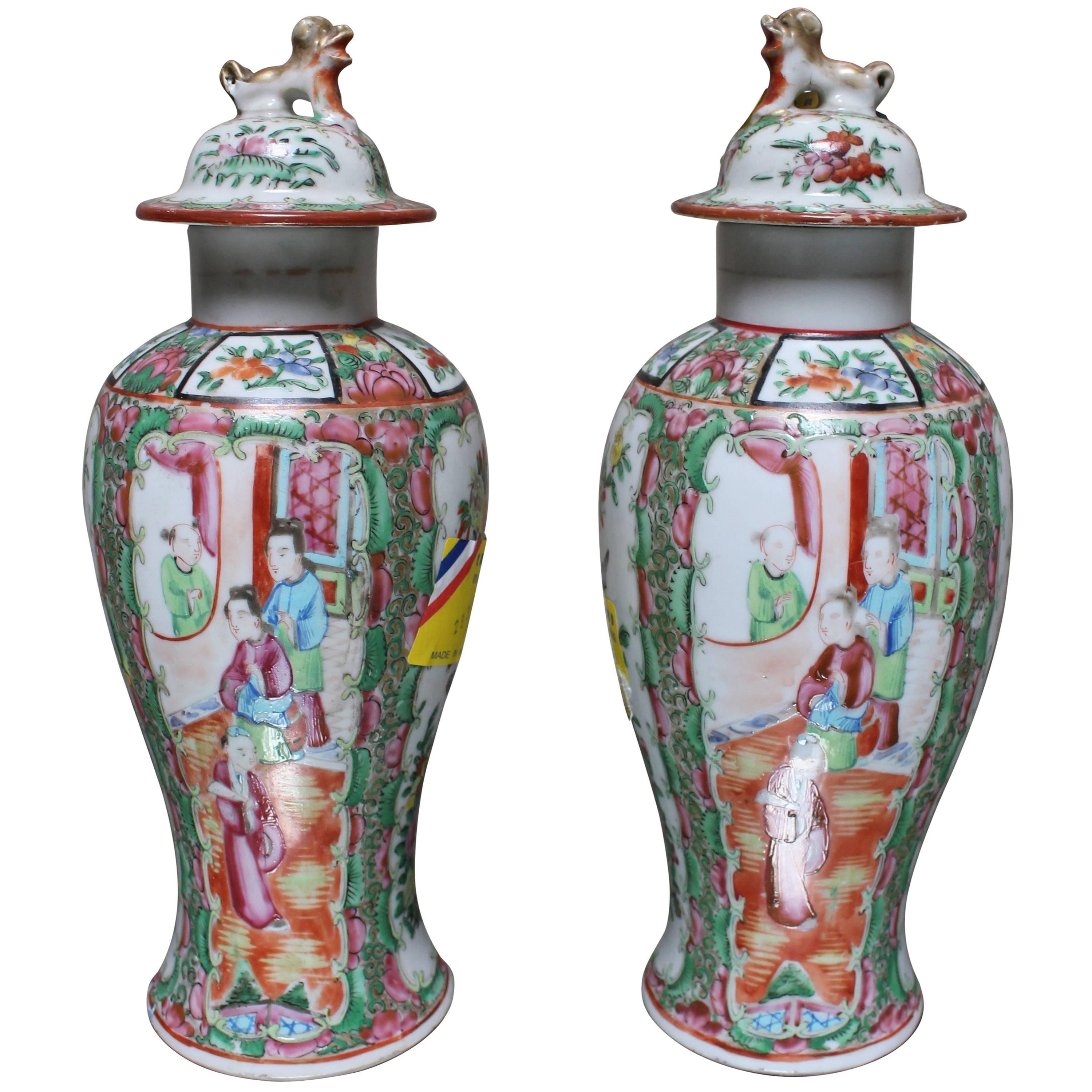 Pair of Chinese Porcelain Rose Mandarin Jars with Lids