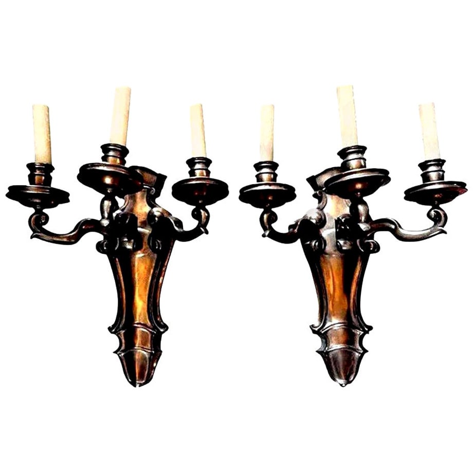 Monumental Pair French Louis XVI Style Bronze Sconces Maison Bagues Attributed