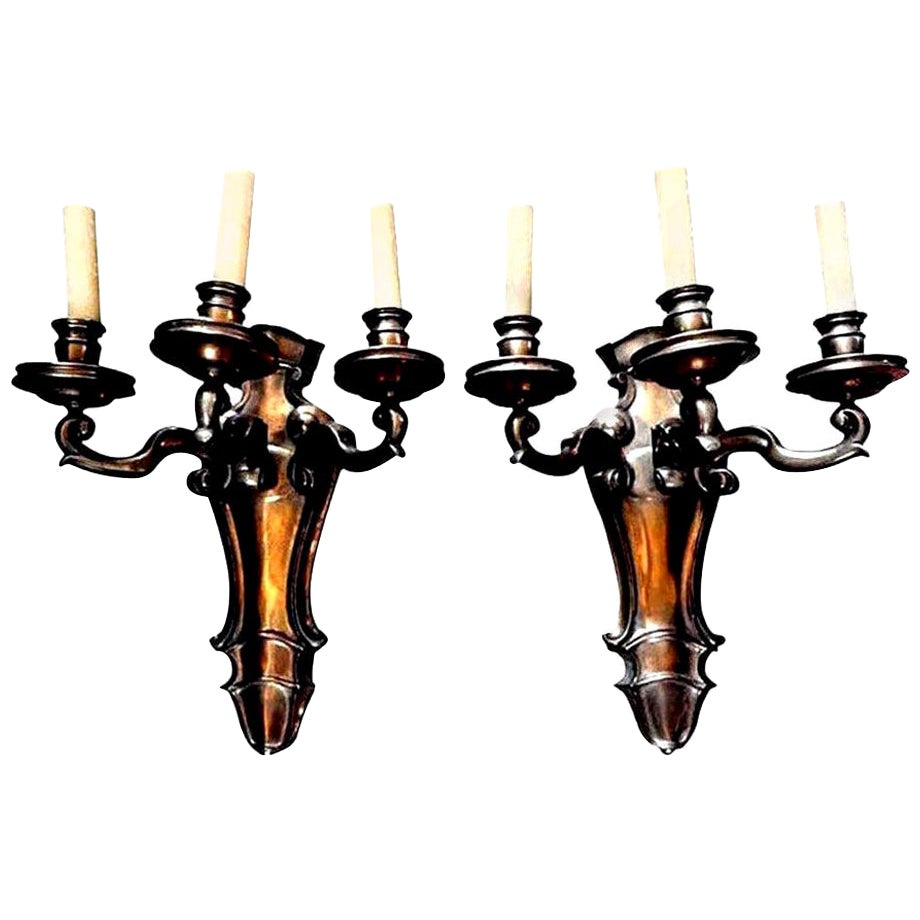 Monumental Pair French Louis XVI Style Bronze Sconces Maison Bagues Attributed For Sale