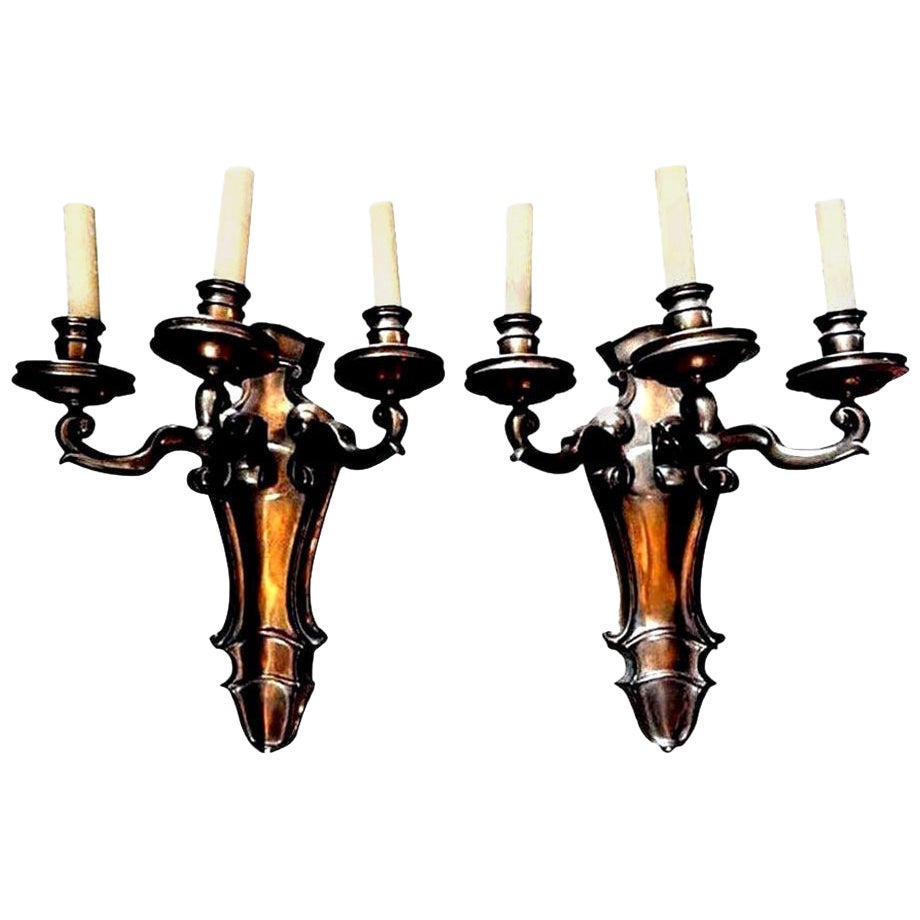 Monumental Pair French Louis XVI Style Bronze Sconces Maison Bagues Attributed