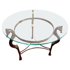 Round Italian Brass Table with Seahorse Supports and Glass Top