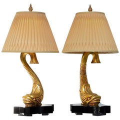 Giltwood Neoclassical Dolphin Table Lamps, Pair