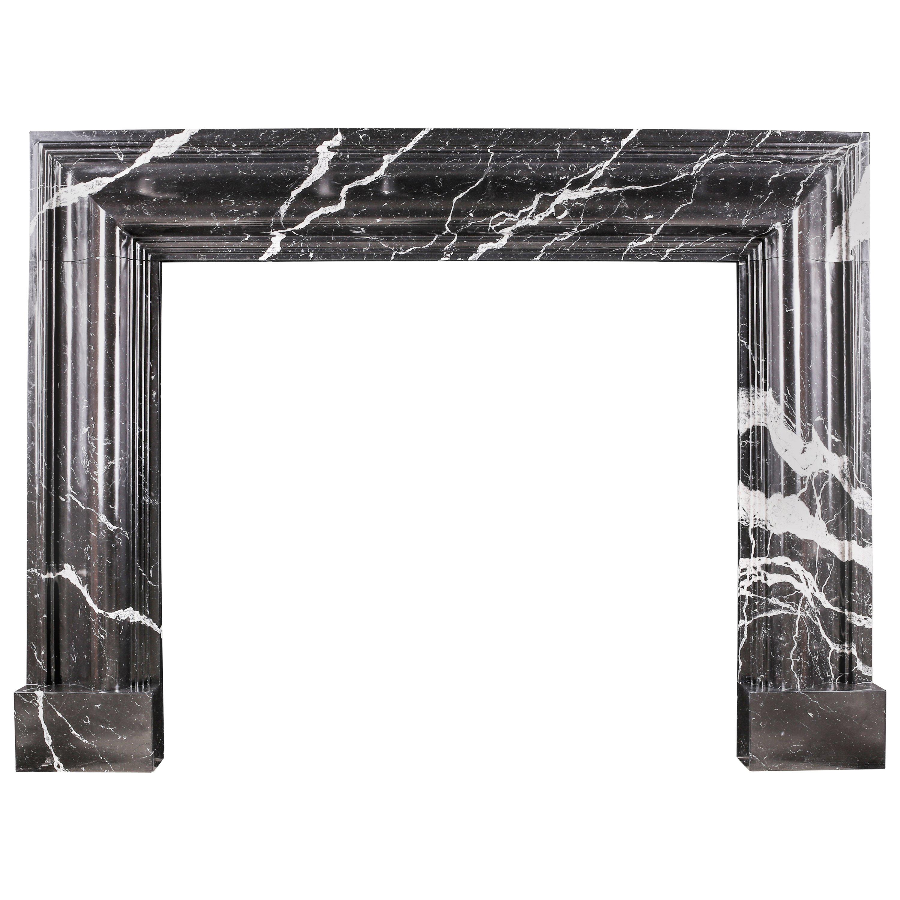 Grand Queen Anne Style Bolection Fireplace in Italian Nero Marquina Marble Nr.2 For Sale