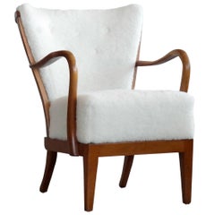 Alfred Christensen Spindle Back Open Armrest Lounge Chair in Elm and Lambswool