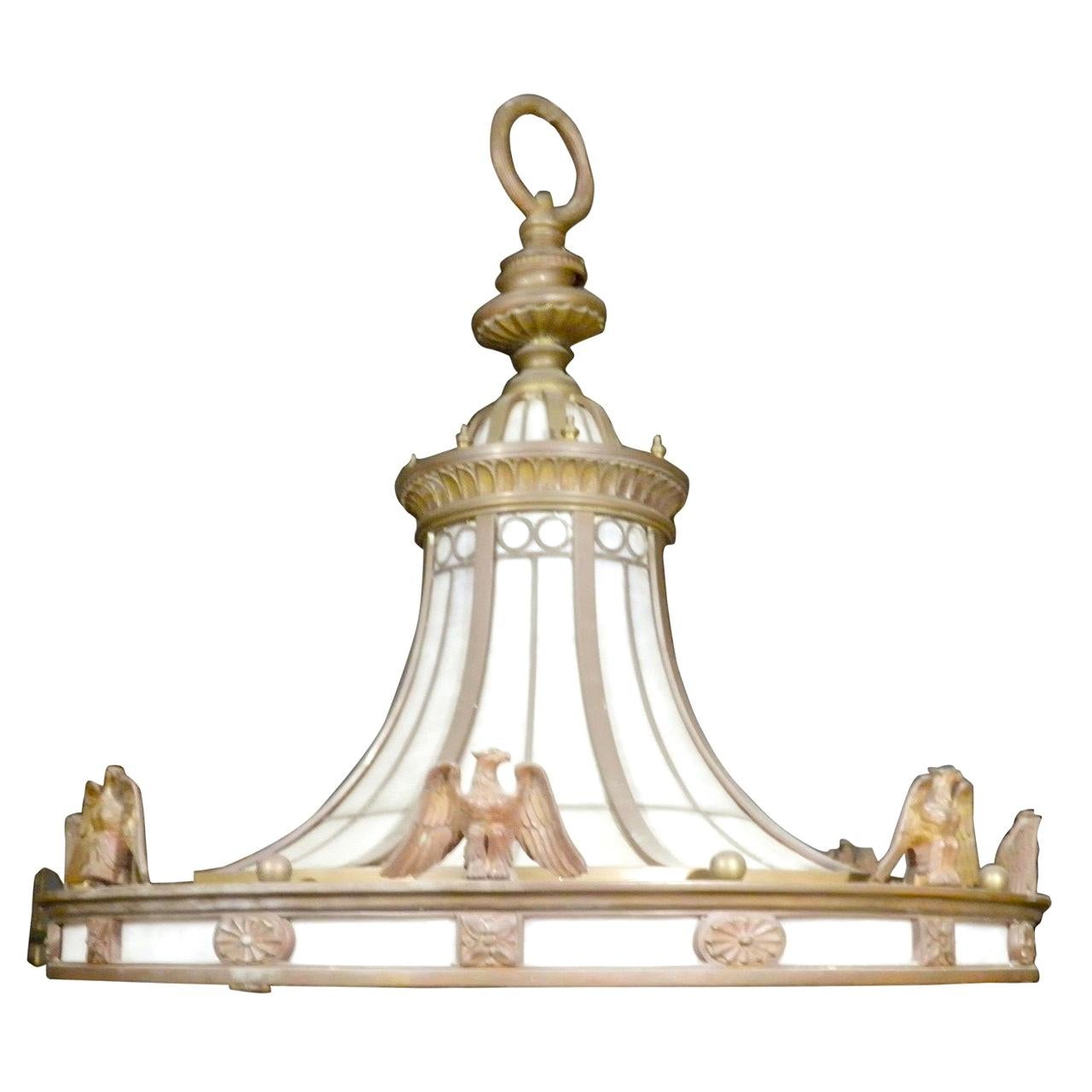 Caldwell Neoclassic Style Bronze Leaded Glass Light Fixture  For Sale