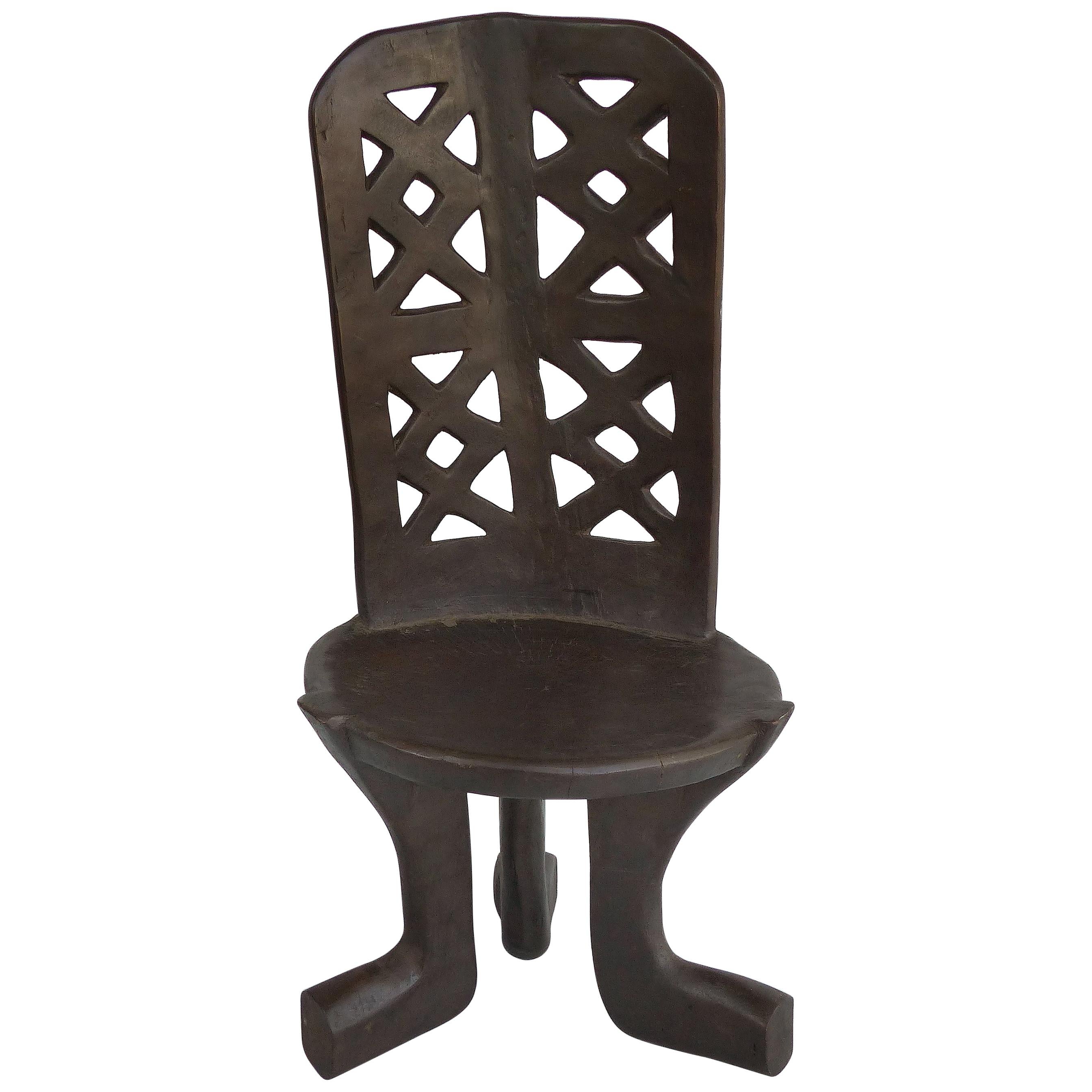 Rare Ethiopian Three-Legged Coptic Chair with Carved Crosses in Back Slat