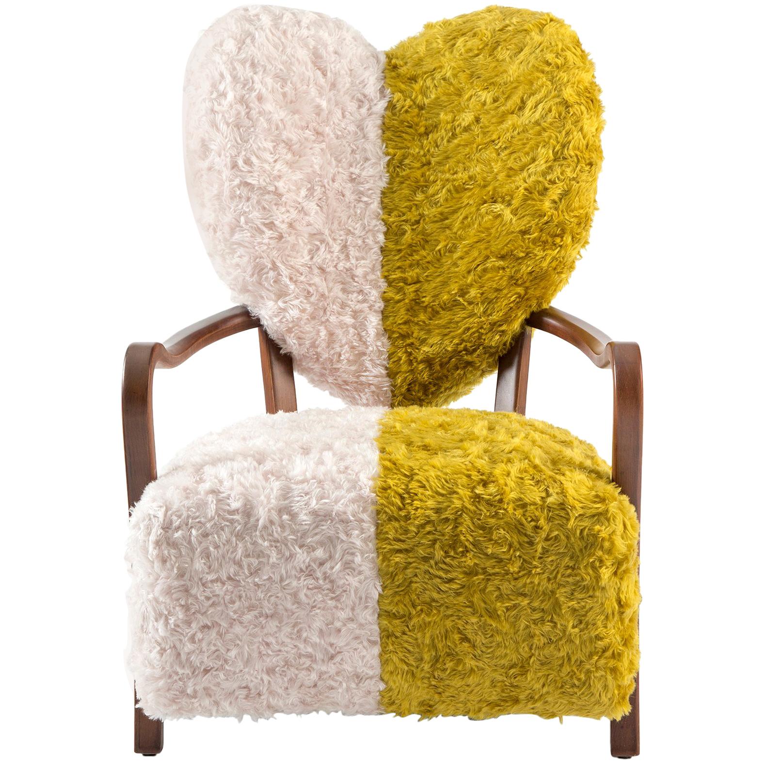 Contemporary Uni Armchair with Heart Shaped Back and Yellow and White Mohair